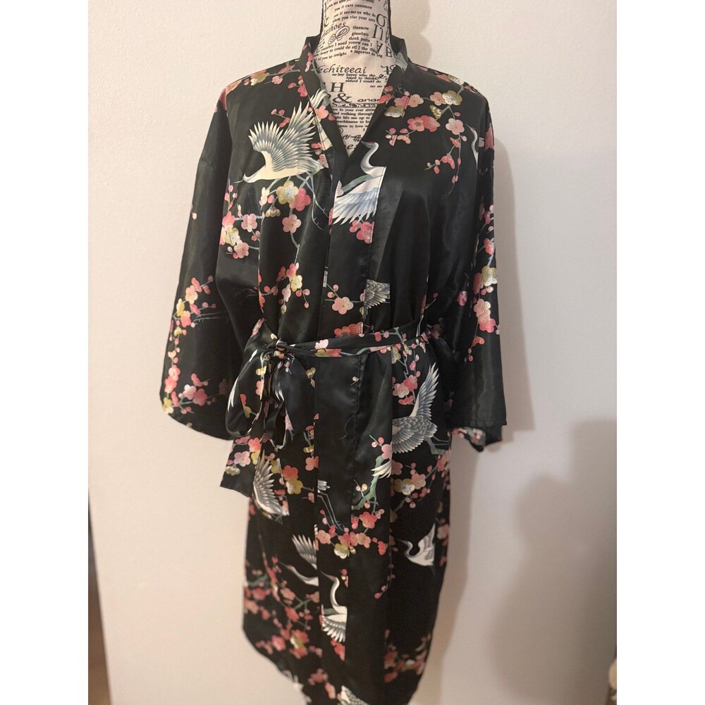 Japanese Black Crane and Floral Print Kimono Robe
